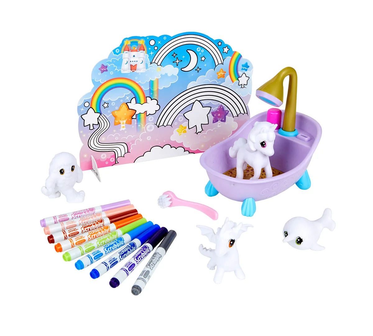 Selected four Peculiar Pets, tub, brush, nine markers and standing play mat.