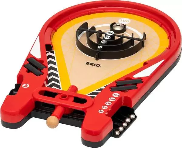 The red BRIO Trickshot board has an aiming launcher rather than pinball flippers.