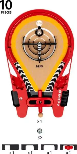 The maker's component diagram identifies five balls and four removable obstacle pieces.