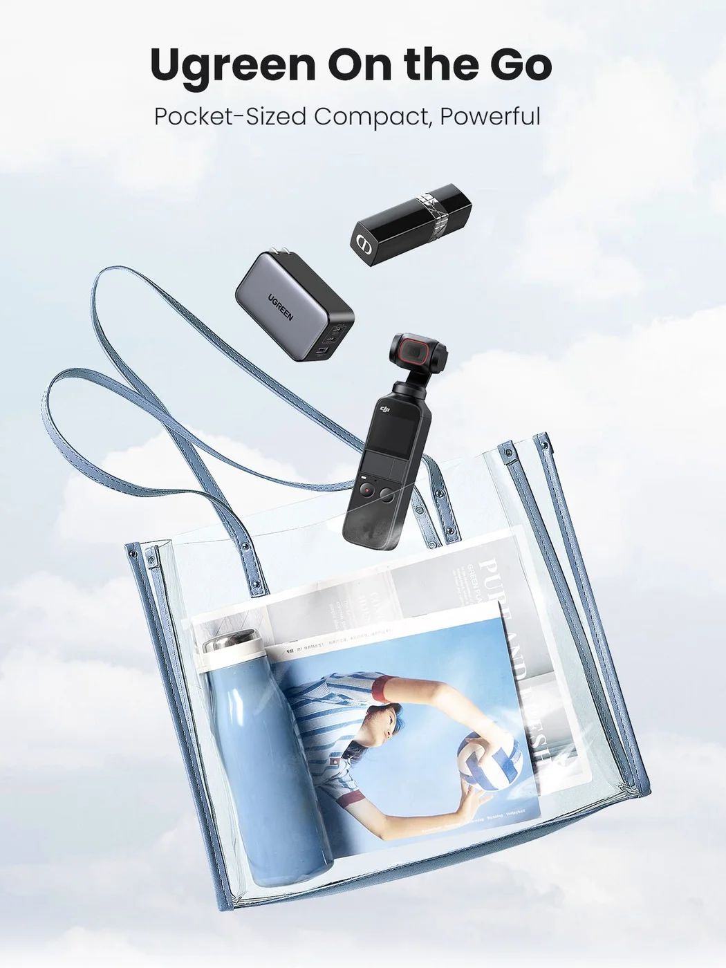 Travel pouch reference showing one charger alongside several separate cables.