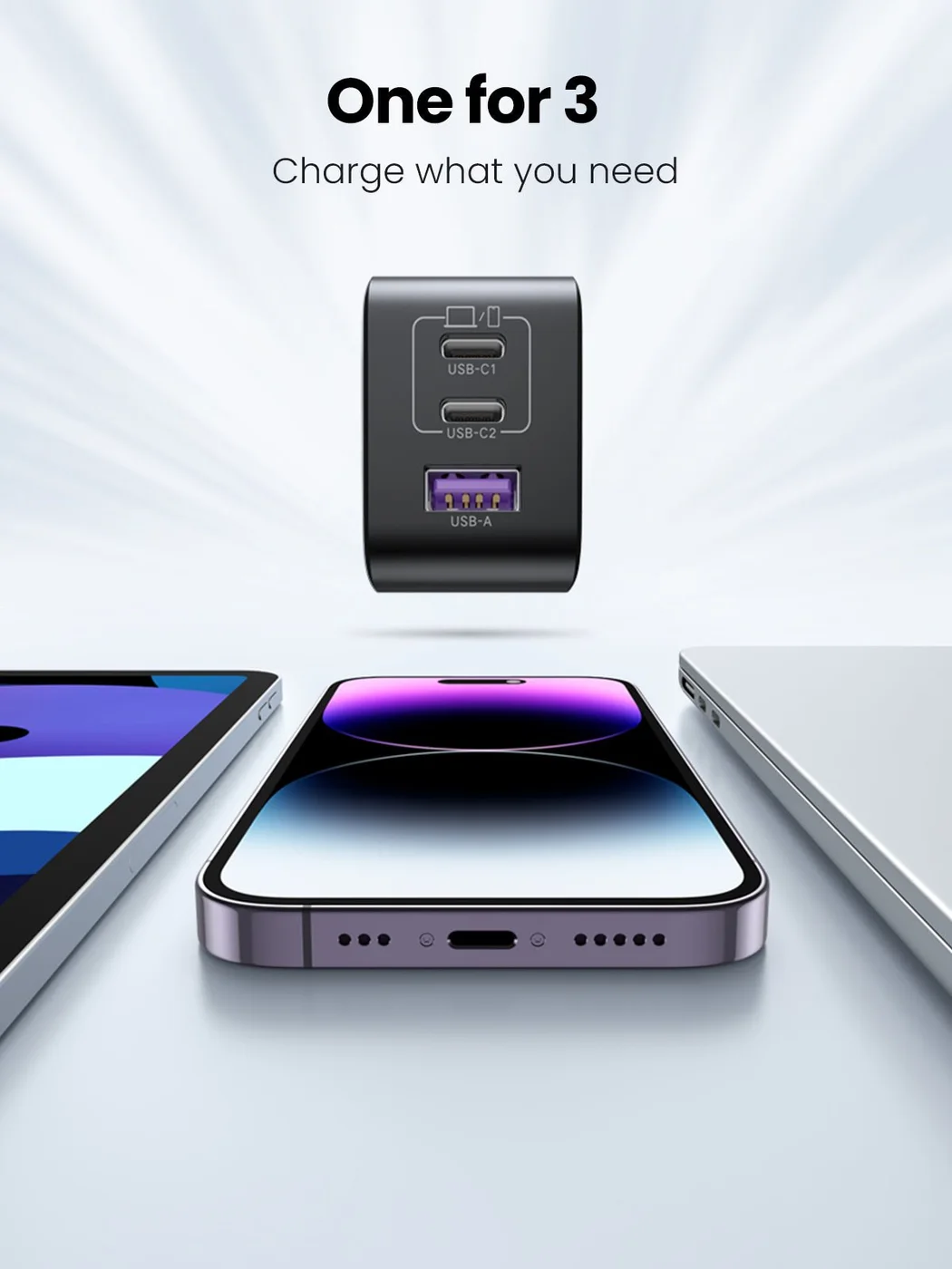 Two USB-C ports and one USB-A port share the wall unit.