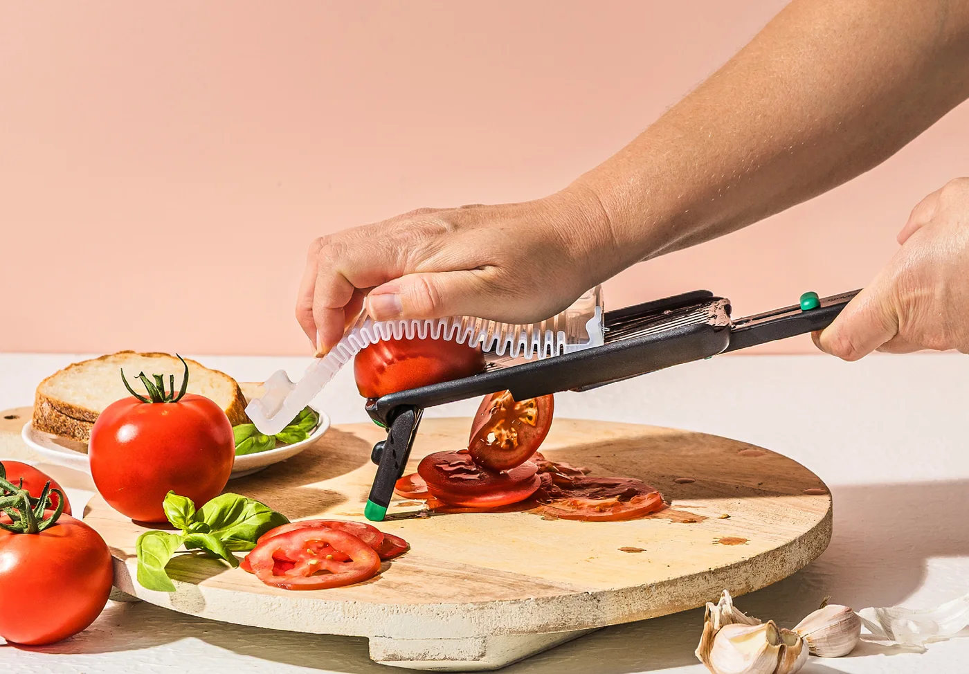 Guard demonstrated with a tomato; no injury-proof performance is implied.