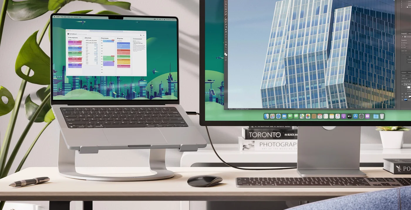 Twelve South external-monitor setup illustrating a fixed-height laptop position; monitor not included.