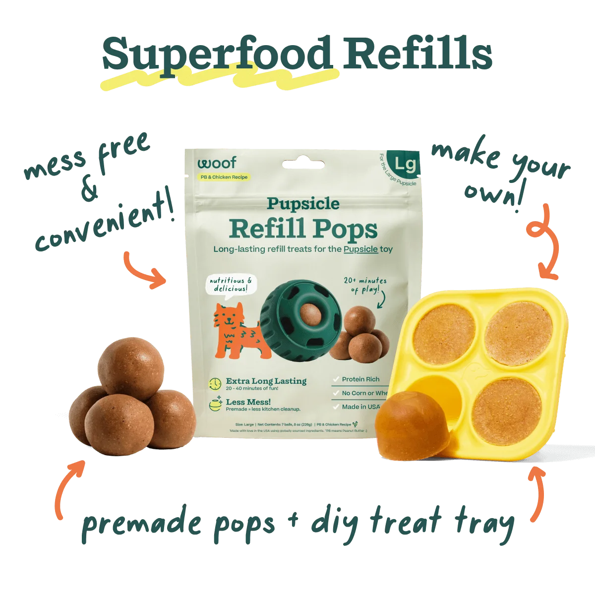 Refill Pops and DIY tray illustrate separately purchased refill options; they are not included with the linked toy.