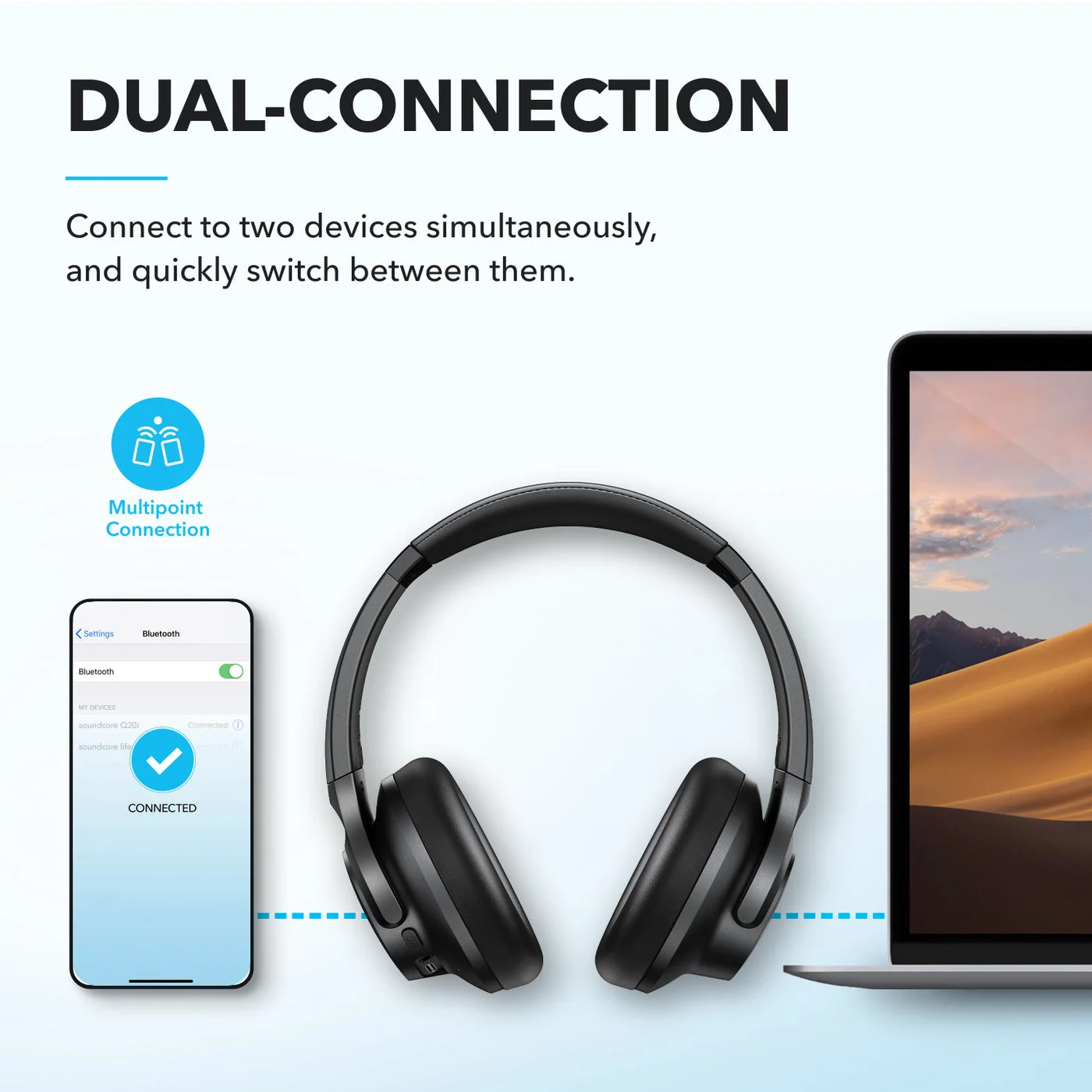 Dual-device connection illustrated with a phone and computer.