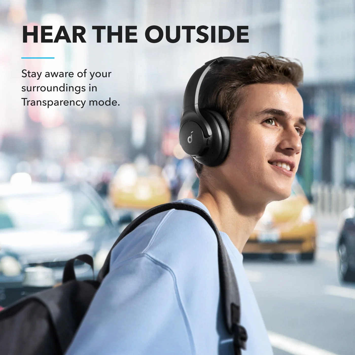 Transparency-mode use illustrated by the manufacturer; this does not guarantee awareness of every sound.