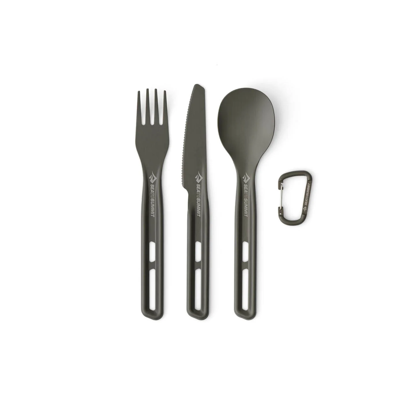 Three-piece knife, fork and spoon set with mini carabiner.