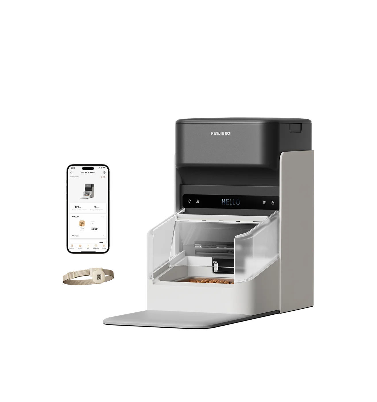 Selected white One RFID feeder with app illustration.