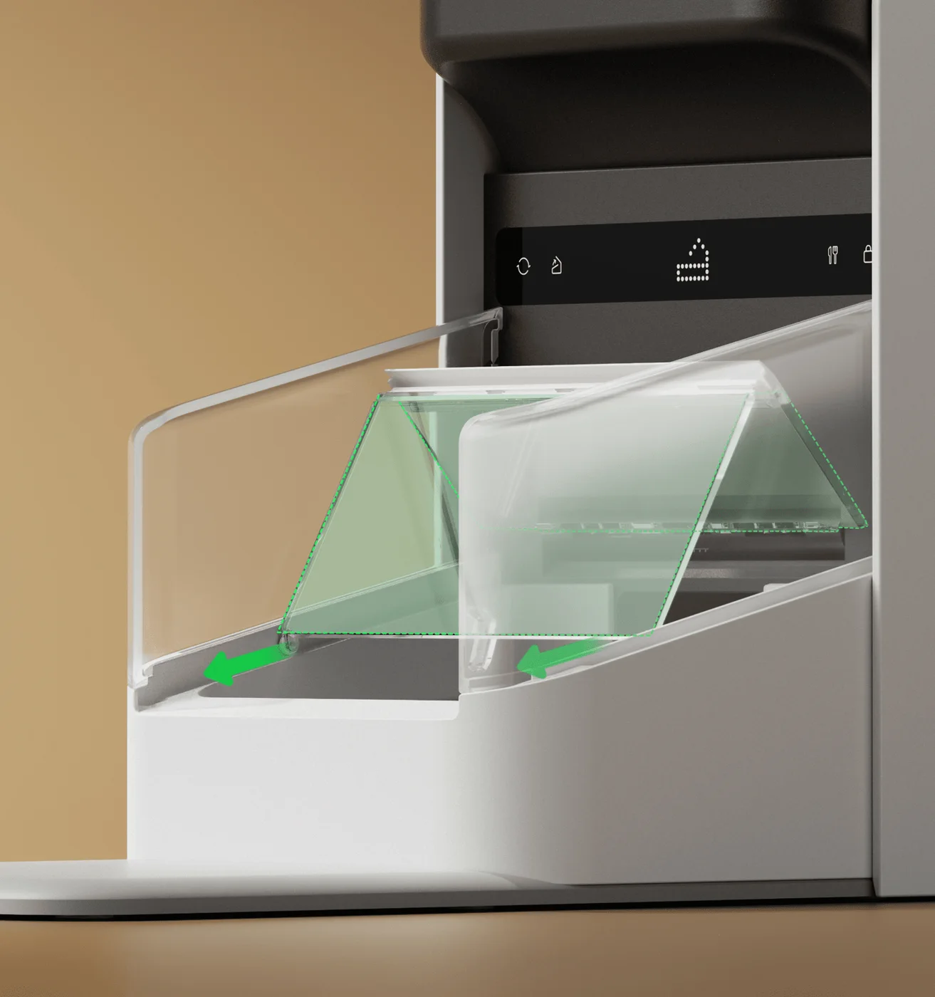 Selected white feeder sliding lid and bowl-access detail.
