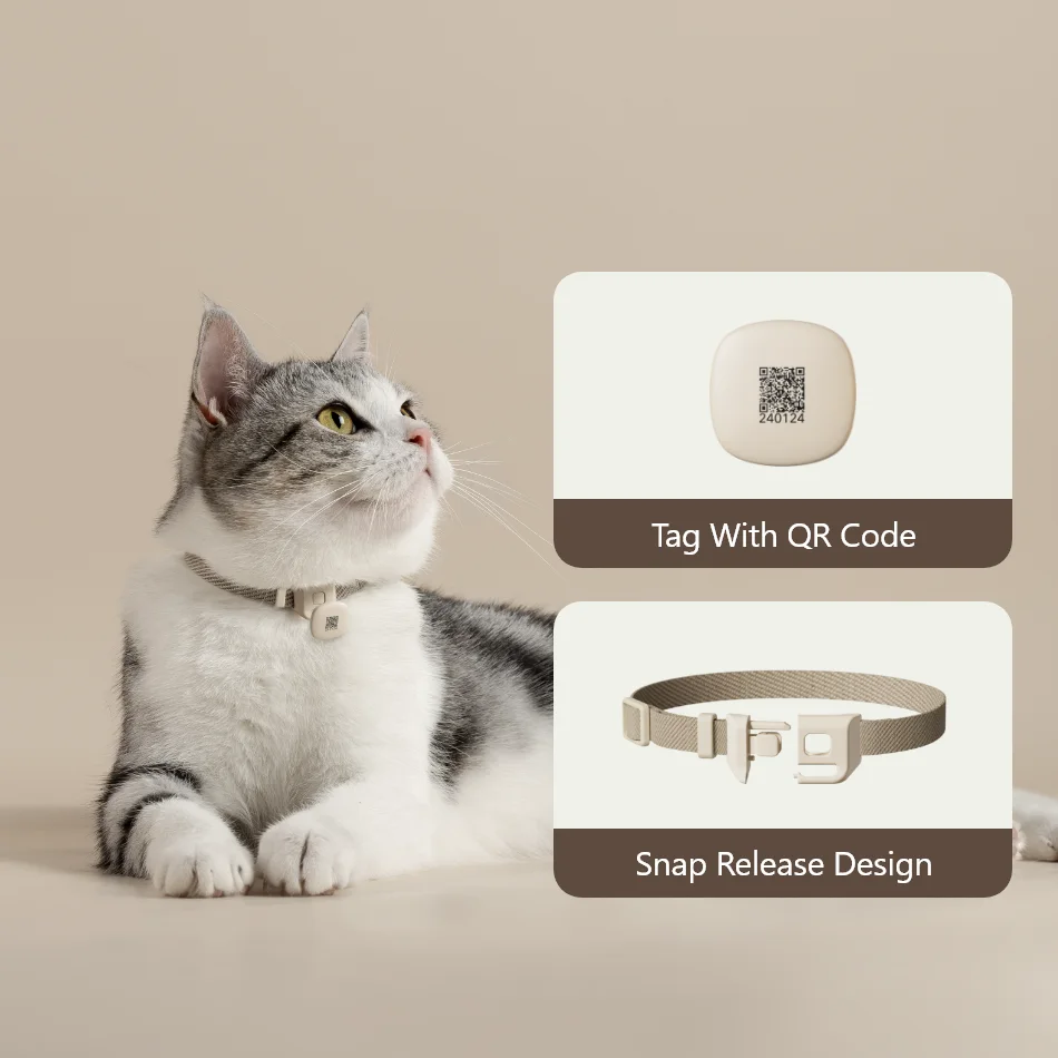 Compatible collar tag and snap-release collar shown by the manufacturer.