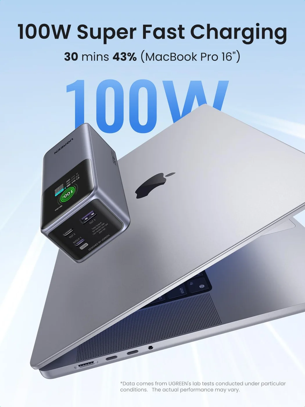 Manufacturer single-port laptop illustration; 100W is an output ceiling, not a universal charging rate.