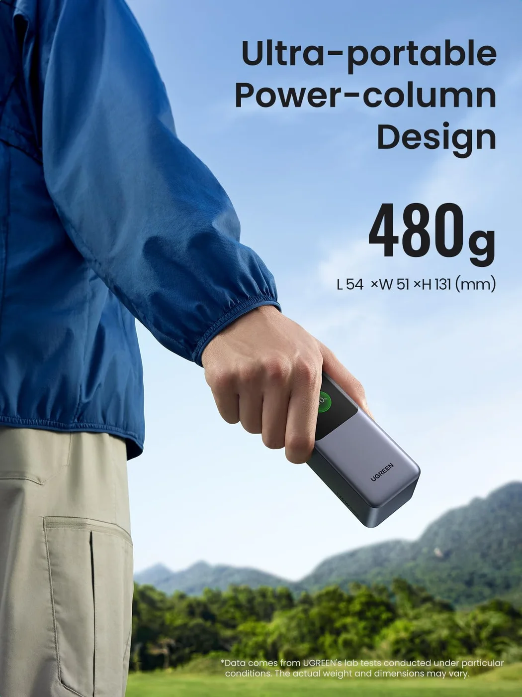 Carry-size reference showing a roughly 480g bank, not a light phone-only pocket battery.