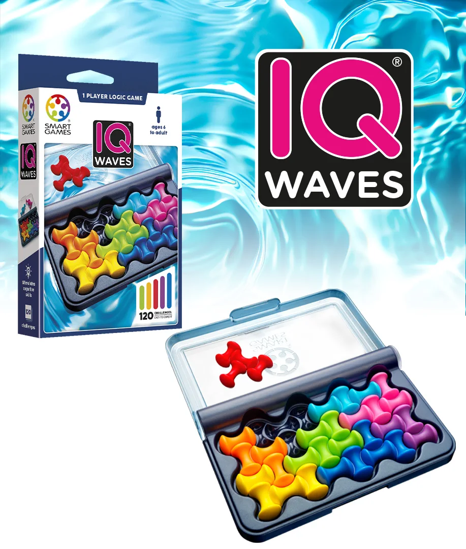 Official IQ Waves product arrangement showing its transparent lid and colourful pieces.