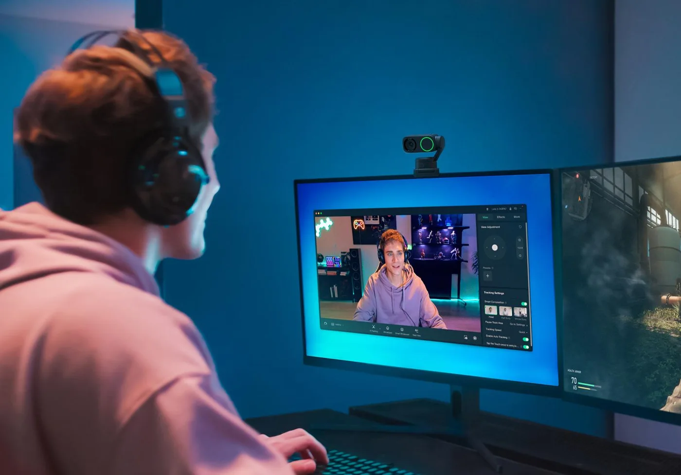 Manufacturer live-streaming setup; pictured computer and audio accessories are separate.