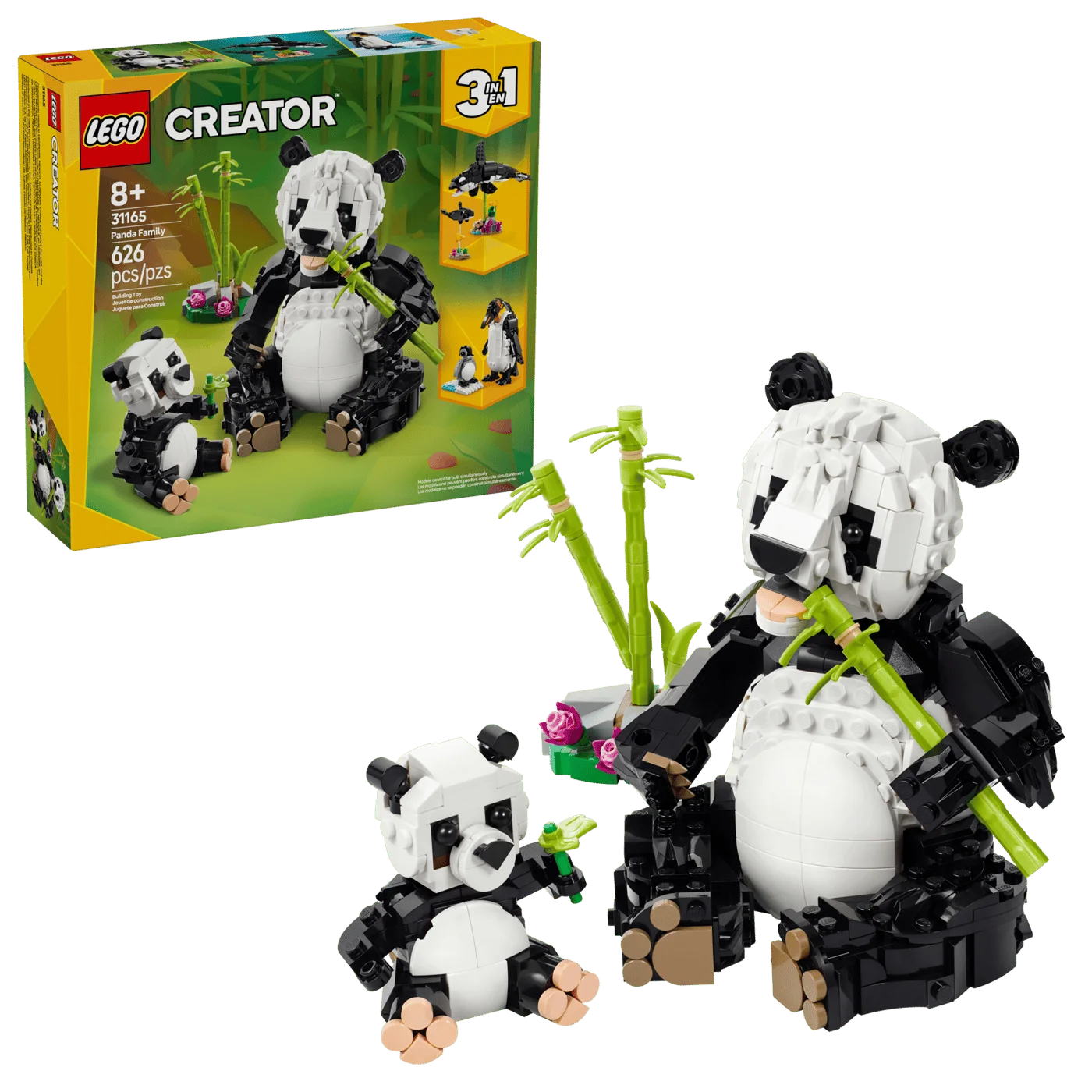 Set packaging beside the panda family.
