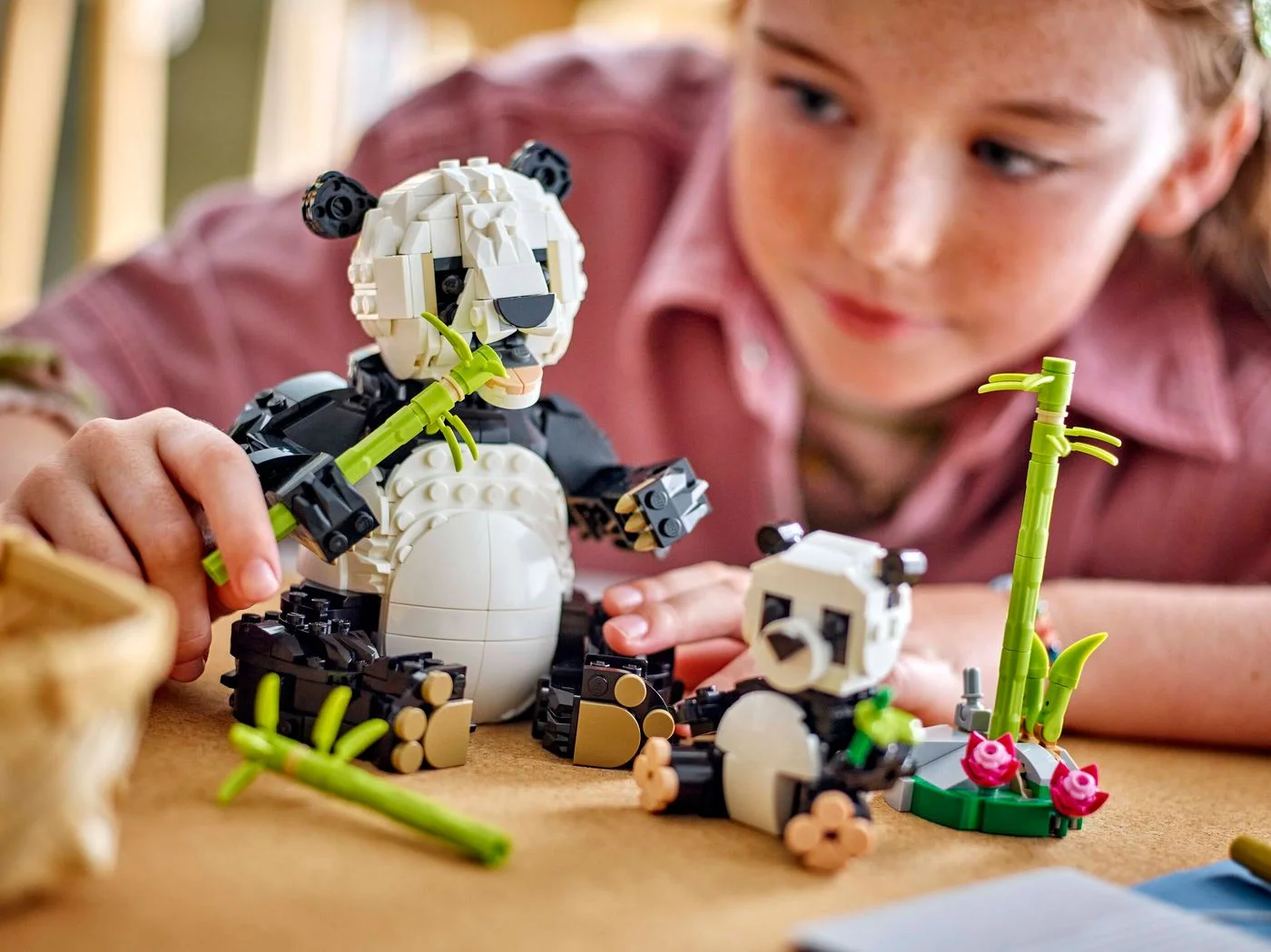 Manufacturer scene showing a child posing the panda family.