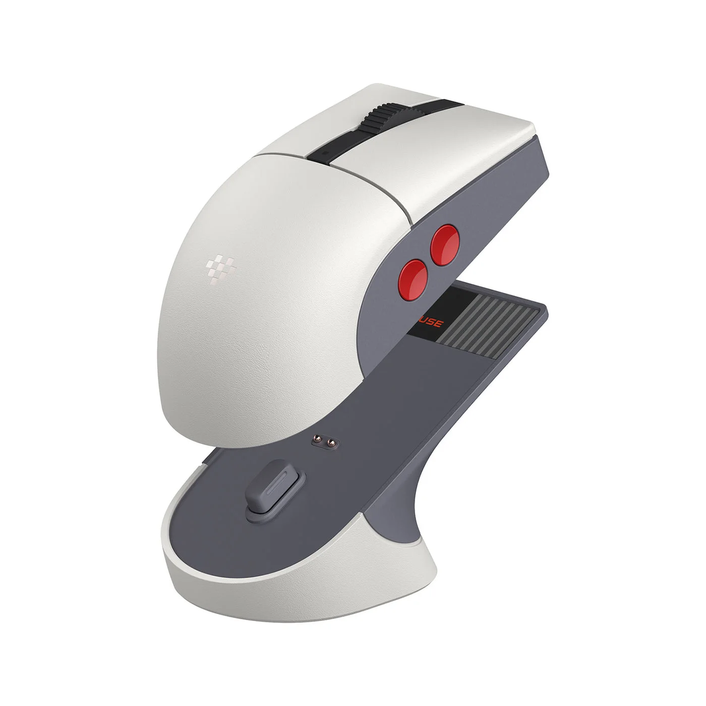 Selected grey-and-red N Edition mouse on its matching charging dock.