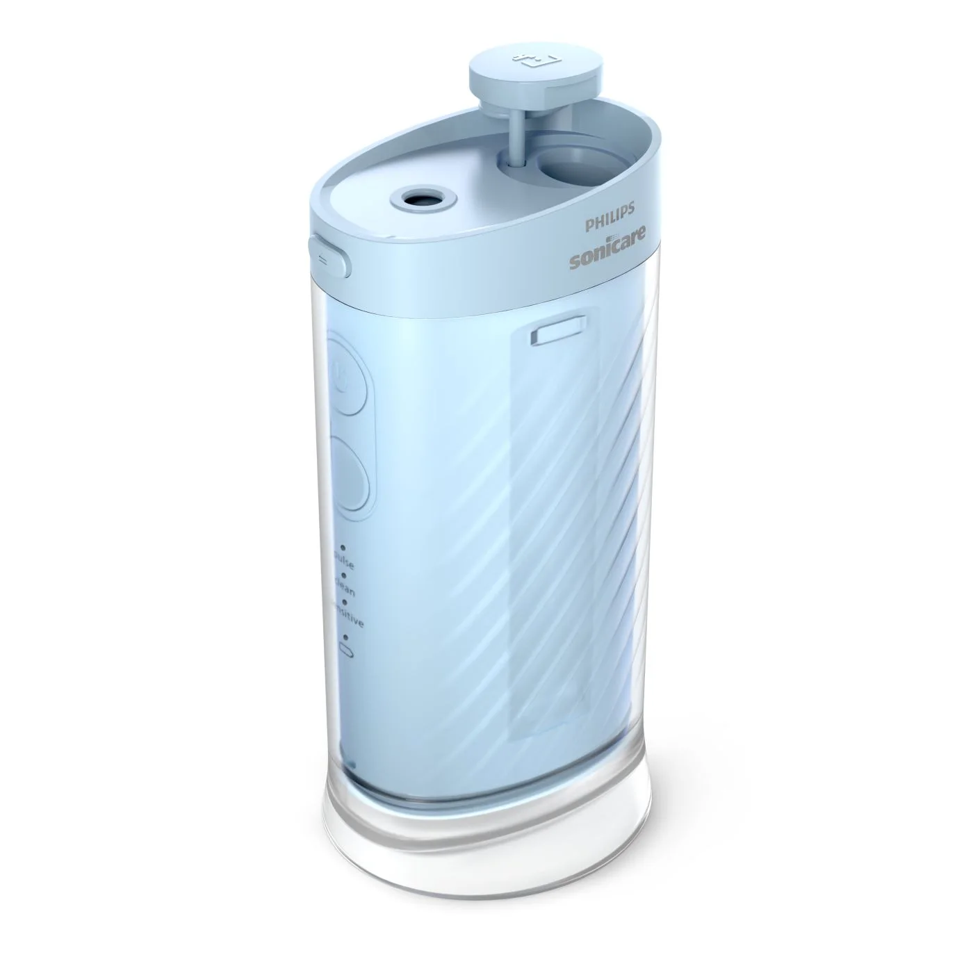 Compact Flosser 1000 in Blue with its reservoir collapsed.