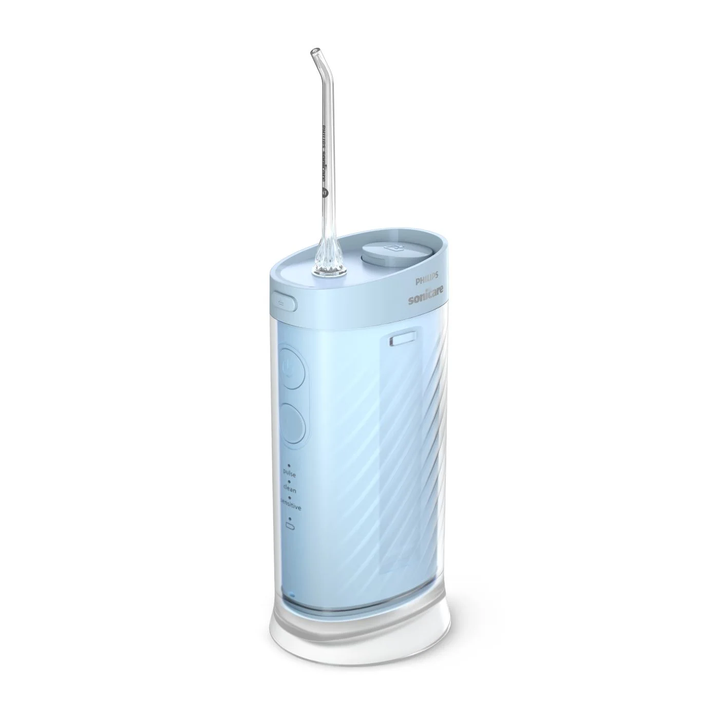 The same handheld model in its compact storage configuration with nozzle installed.