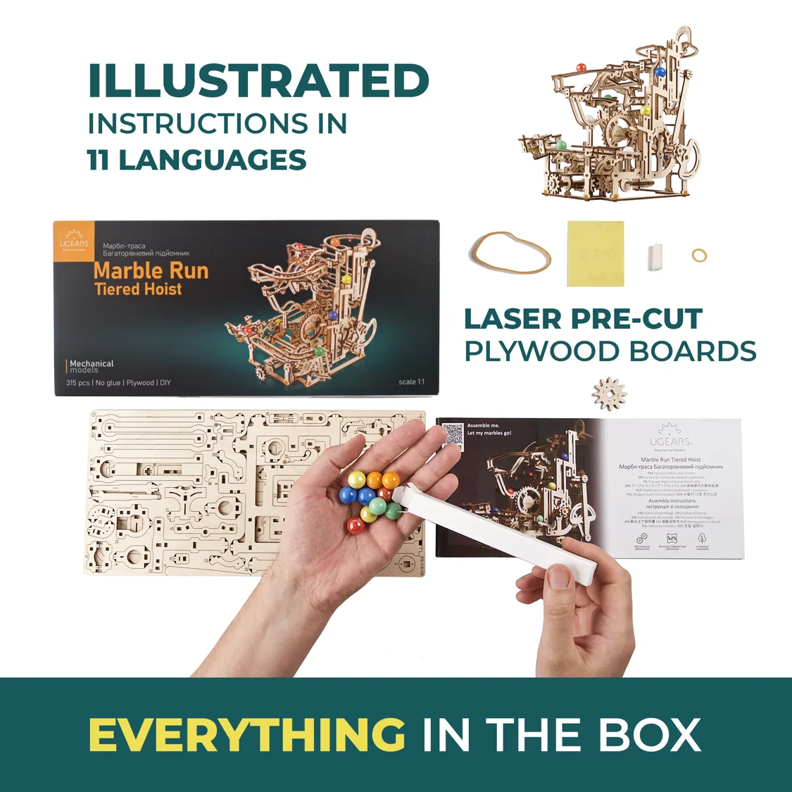 Maker kit-content overview with wooden sheets and coloured marbles.
