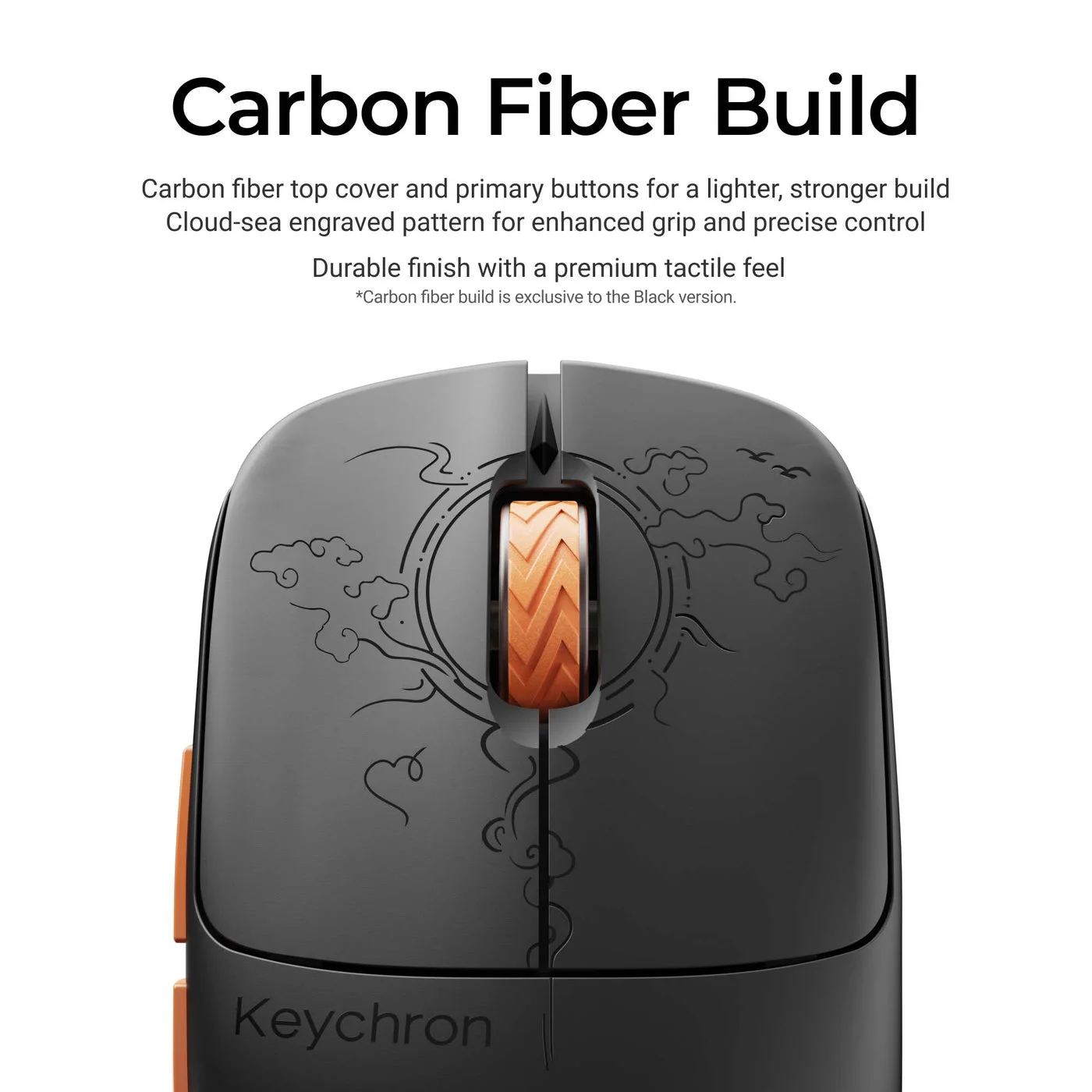 Close-up of the patterned black carbon-fiber shell.