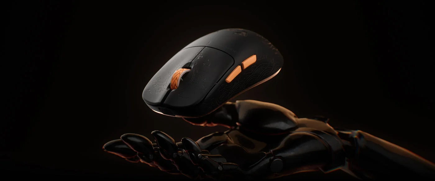 Selected black G3 carbon-fiber mouse in a manufacturer display scene.