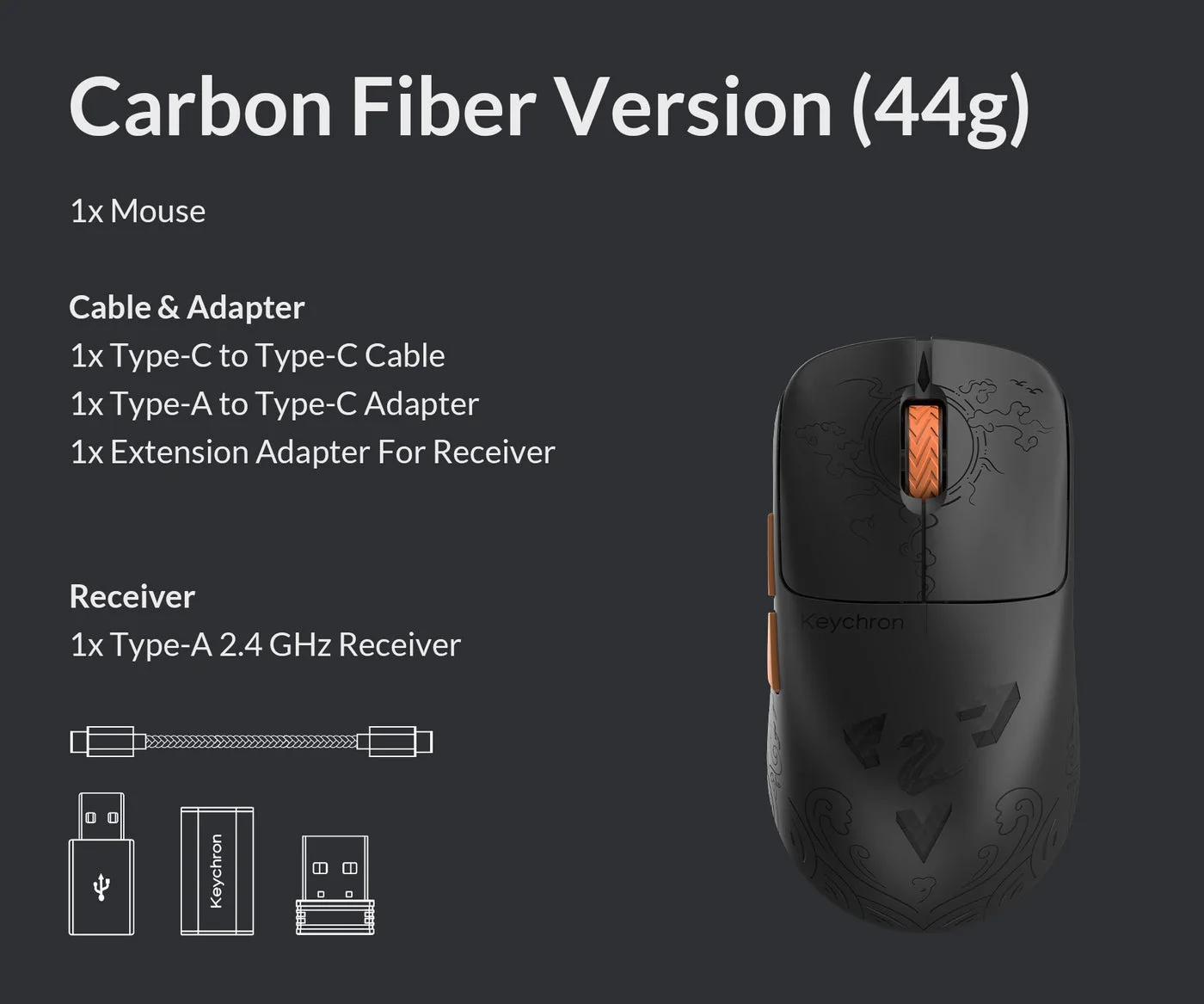 Current maker package graphic labels the carbon-fiber version 44g; the retailer title gives a 47±3g figure.