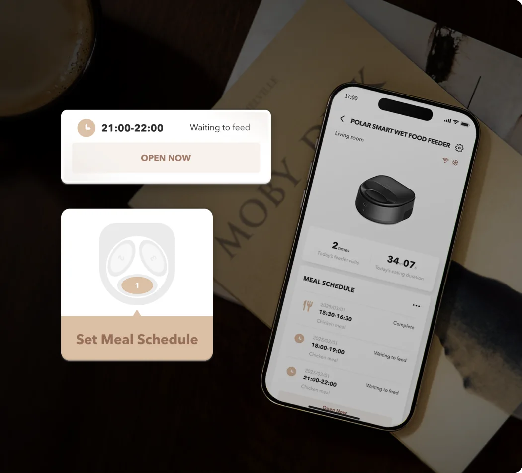 App meal-scheduling screen alongside the black unit.