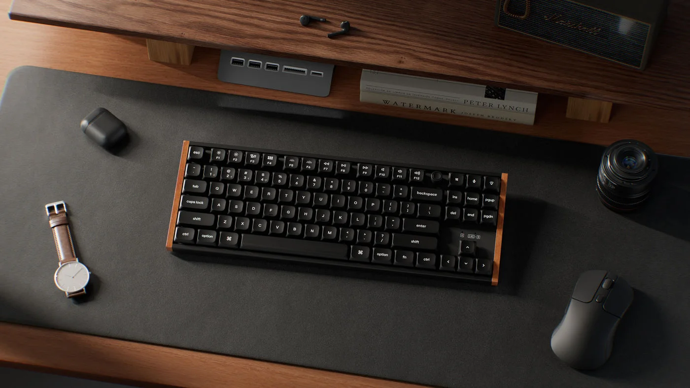 The low-profile board on a working desk; manufacturer scene.
