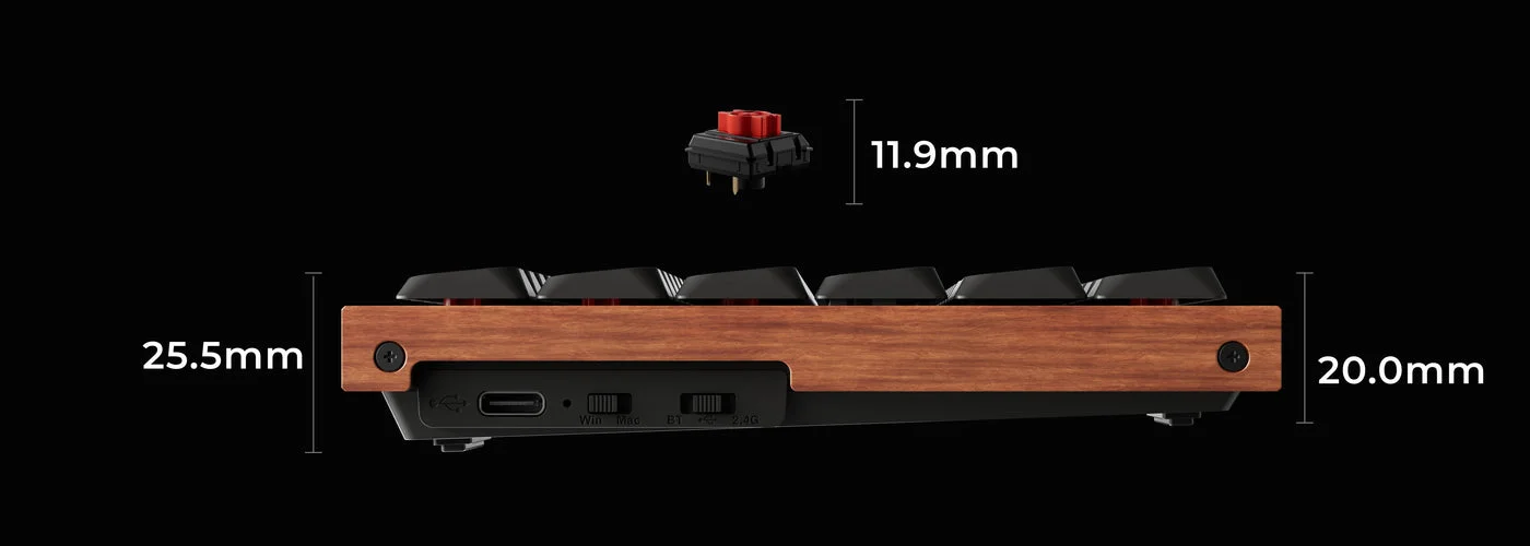 Manufacturer side-profile diagram; assess desk fit rather than assuming an ergonomic outcome.