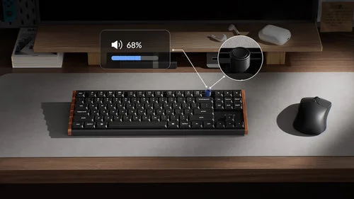 Overhead desk scene shows the tenkeyless arrangement and knob.