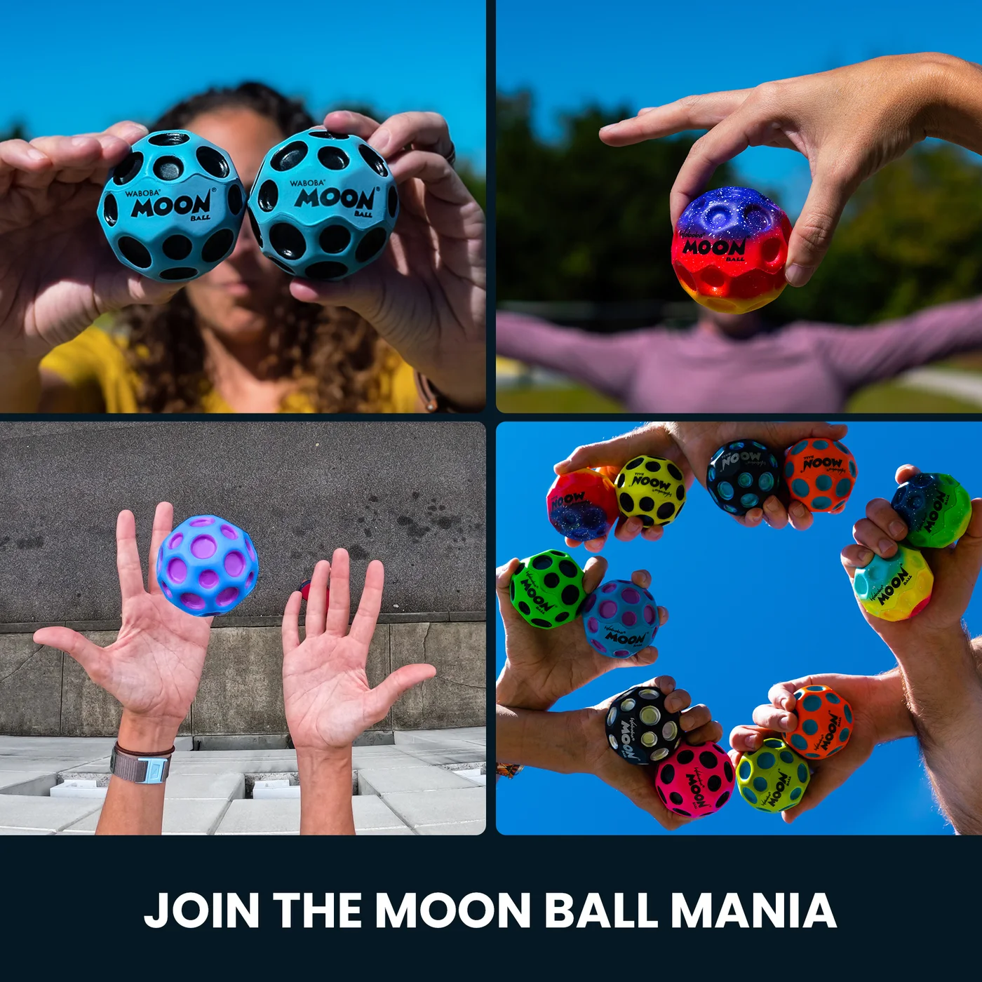 Waboba maker lifestyle collage: blue Moon Ball shown alongside other colours, not included as a bundle