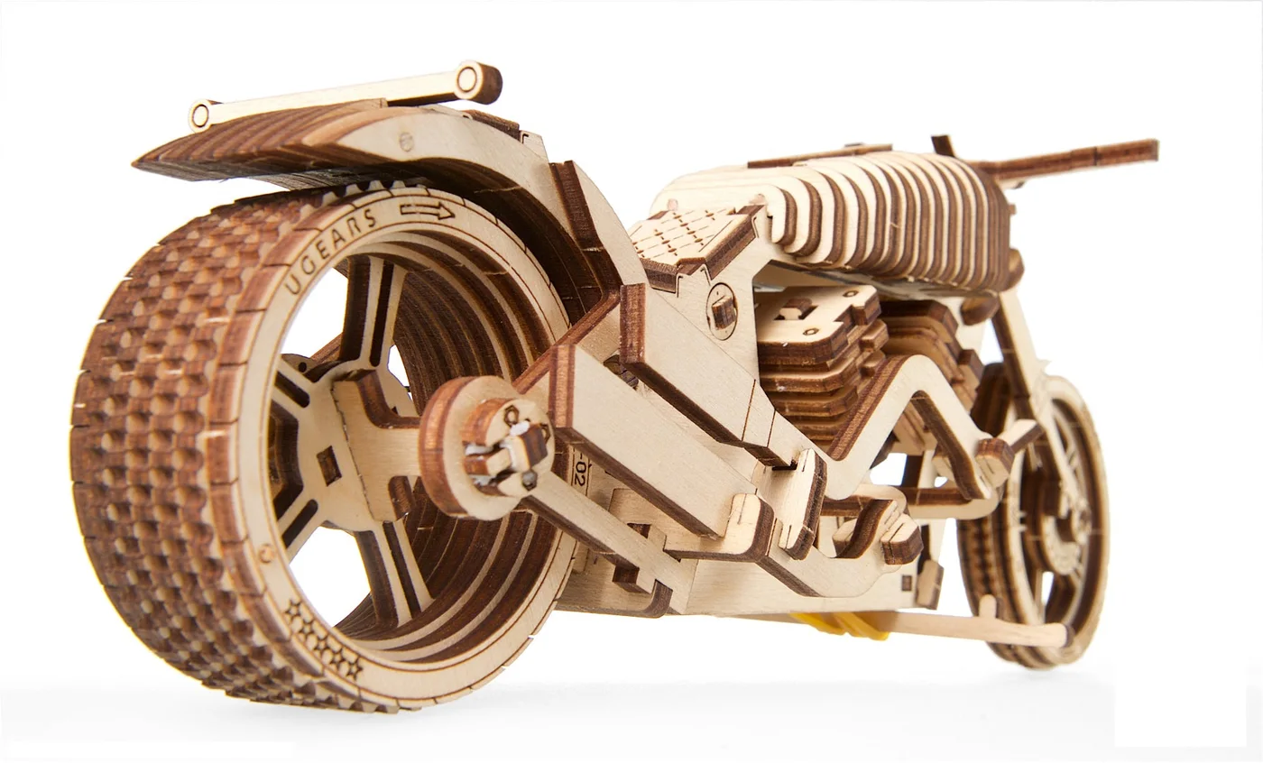 Manufacturer rear-quarter wooden motorcycle view