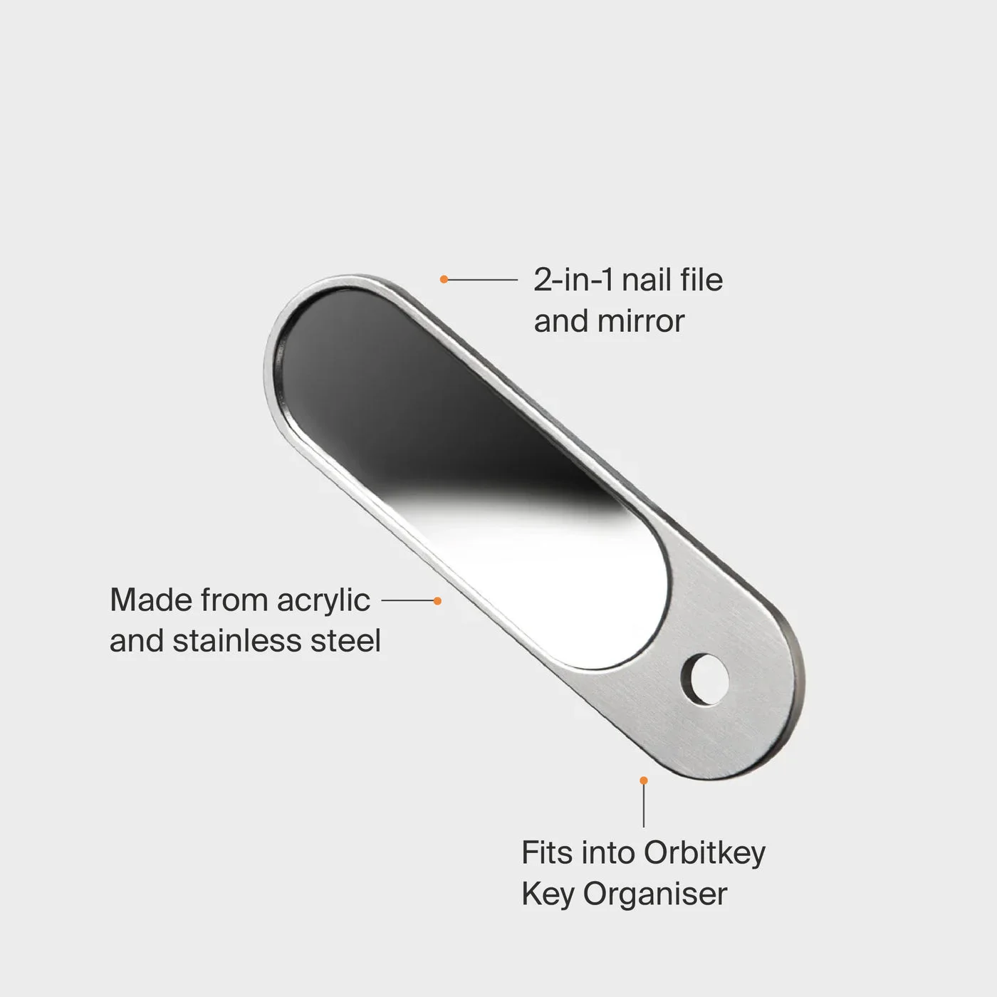Orbitkey Nail File and Mirror — manufacturer materials and fit diagram
