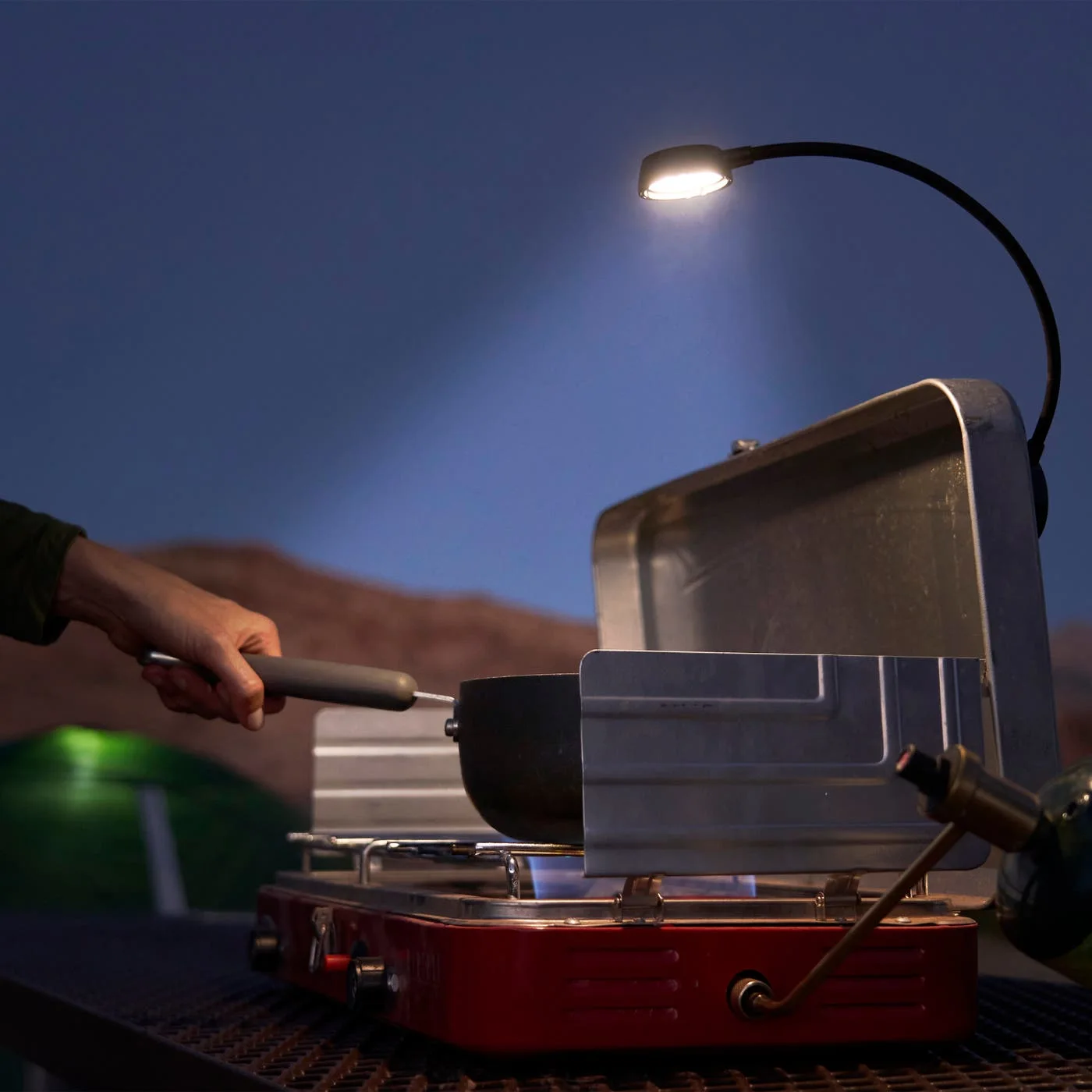 Radiant Flex Rechargeable Lamp illuminating camp stove