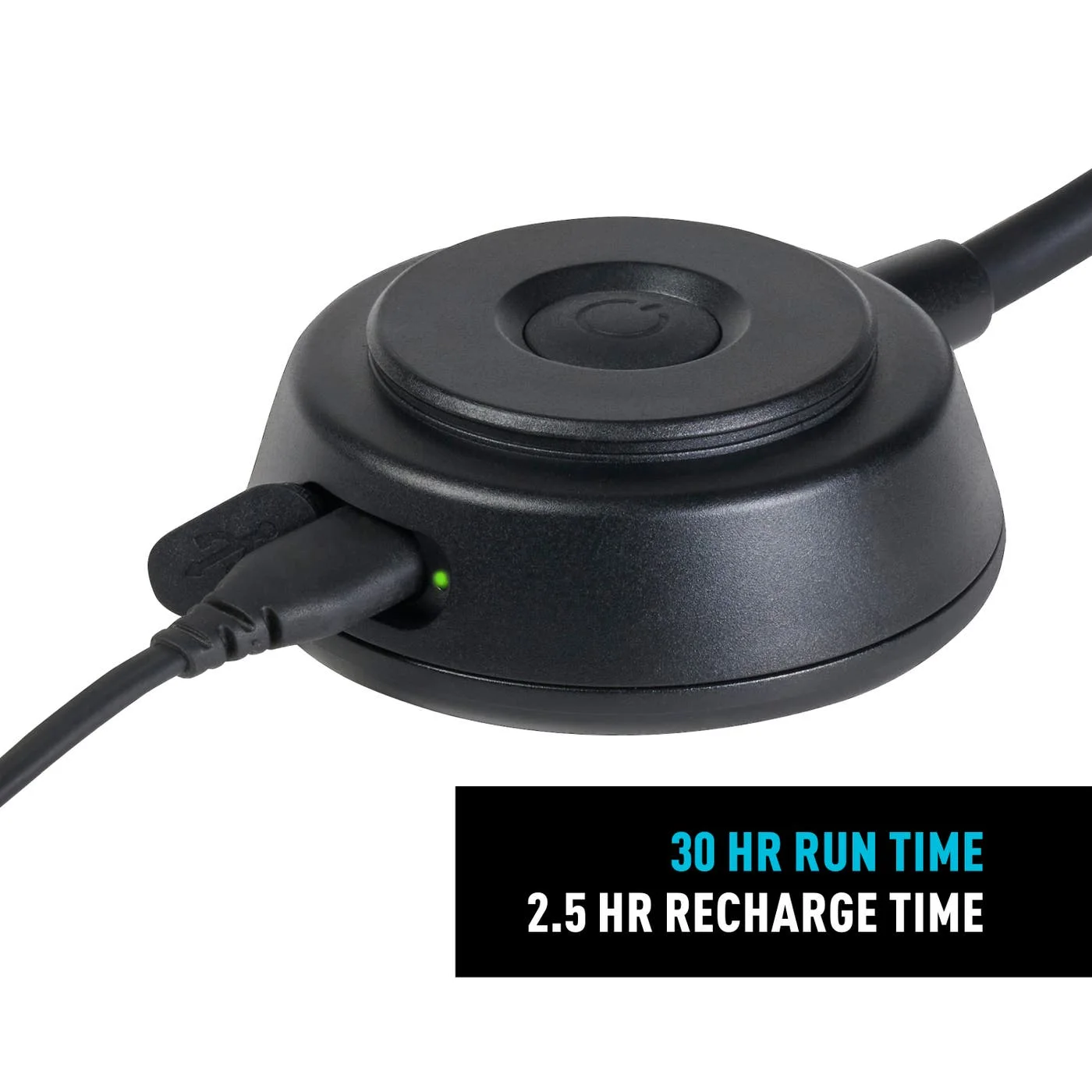Radiant Flex Rechargeable Lamp showing 30 hour run time and 2.5 hour charge time. usbc charging port