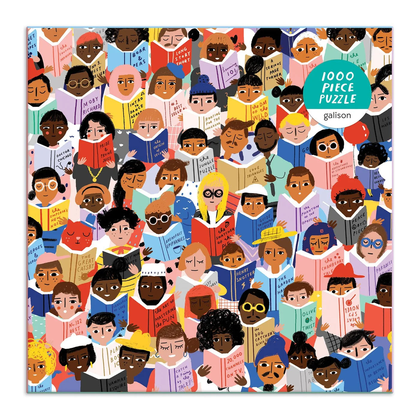 Reading-crowd artwork with brand label