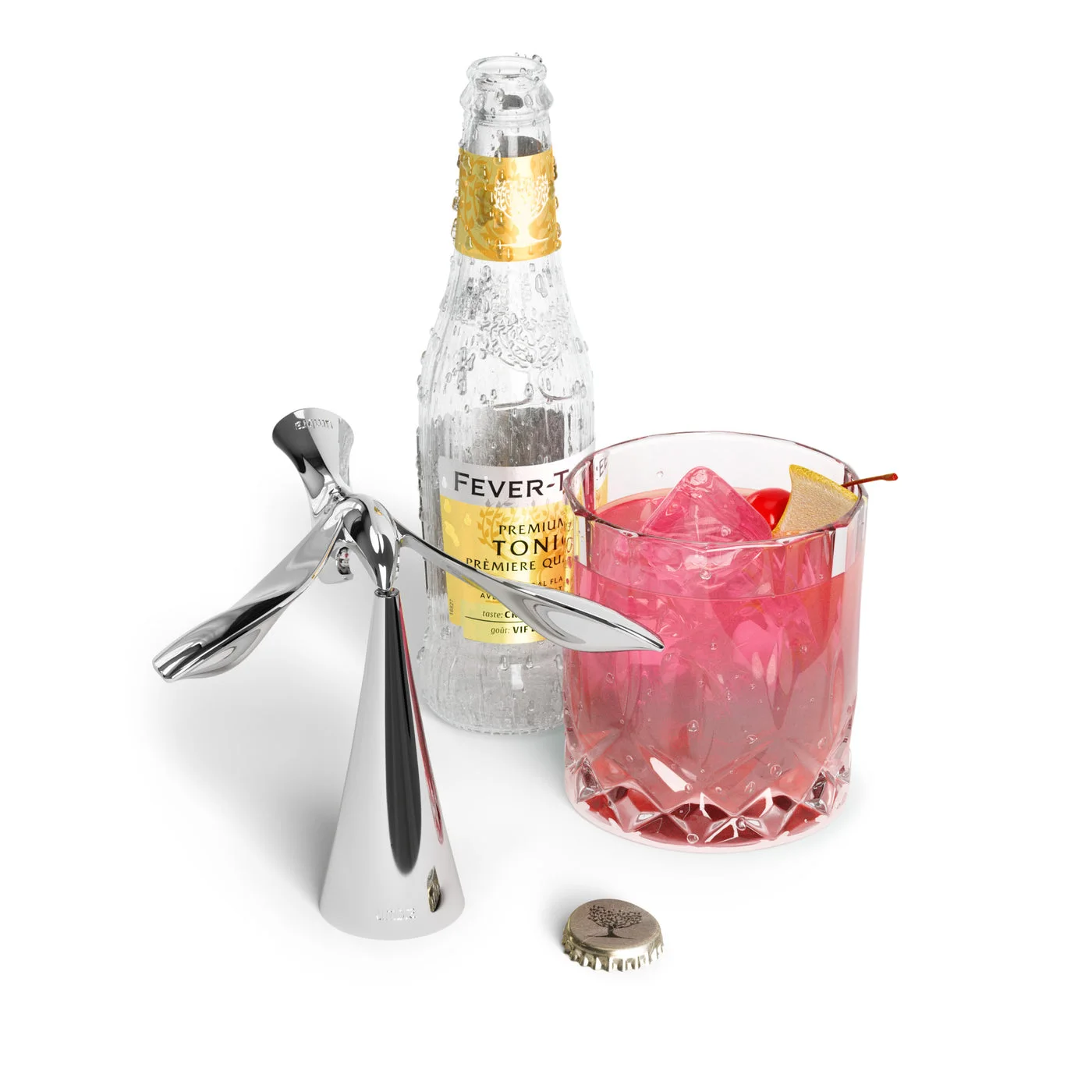 chrome opener on stand beside drinks — manufacturer reference