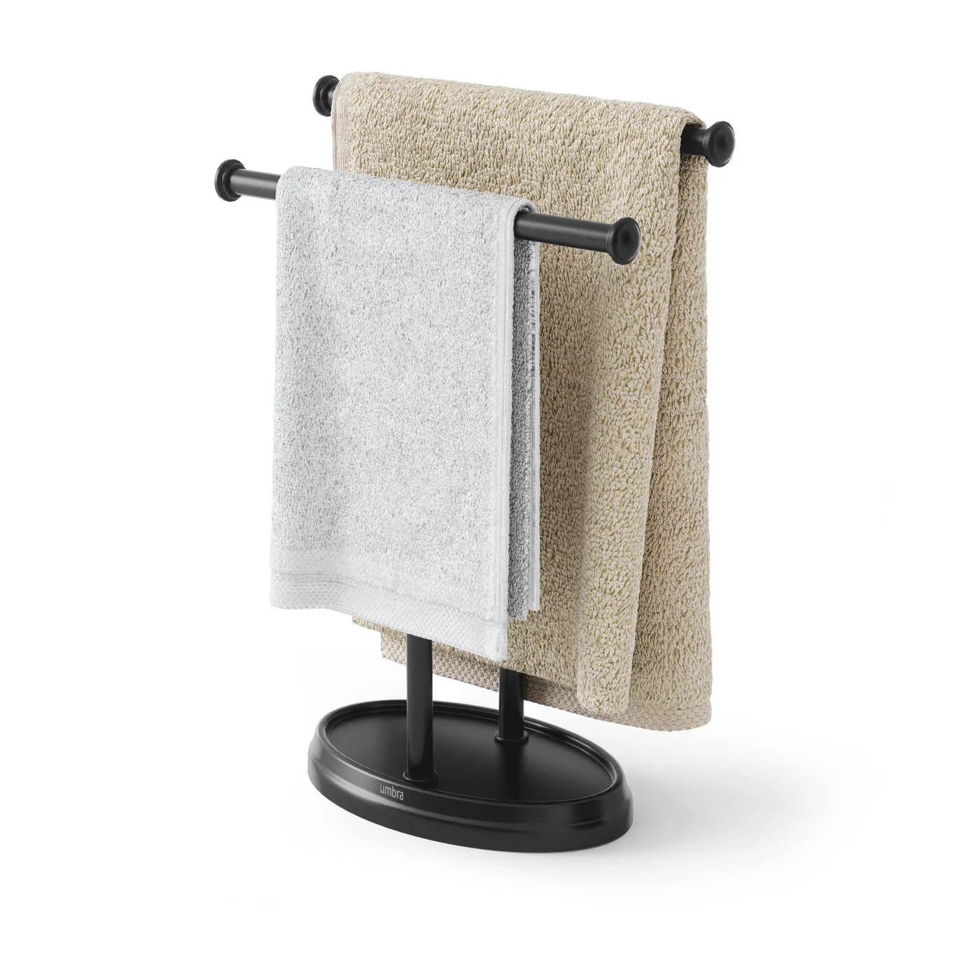 black towel tree with example towels — manufacturer reference