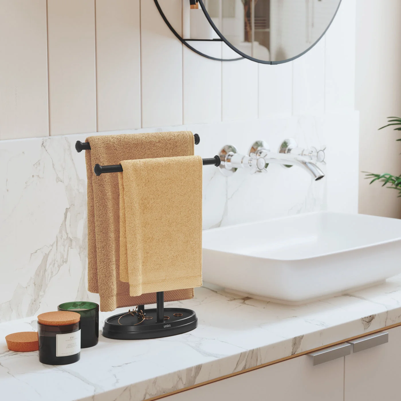 bathroom scene with example towels — manufacturer reference