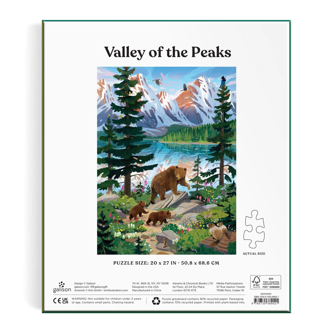 Valley of the Peaks 1000 Piece Puzzle 9780735389021 — reverse box with dimensions and piece guide
