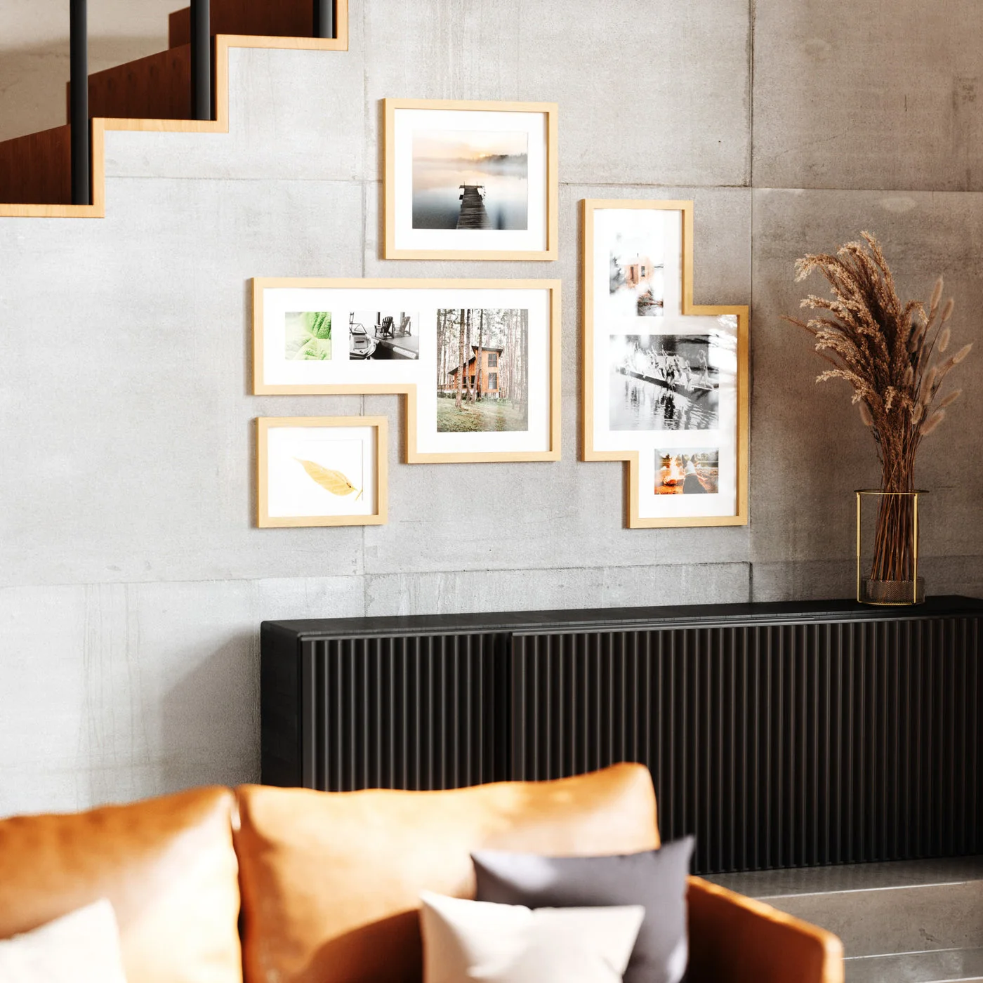 gallery wall above separate furniture
