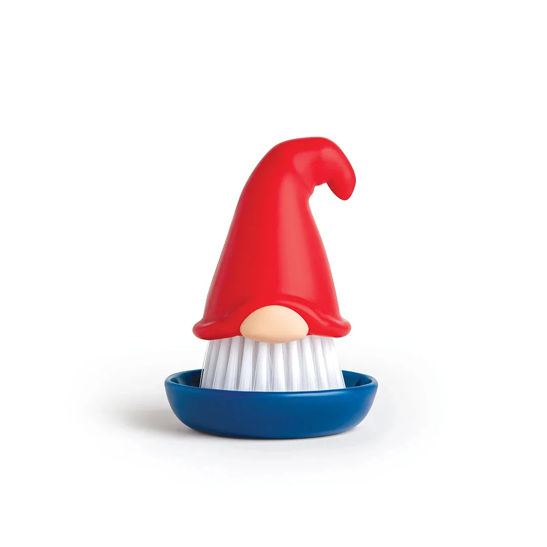 red gnome brush in blue tray