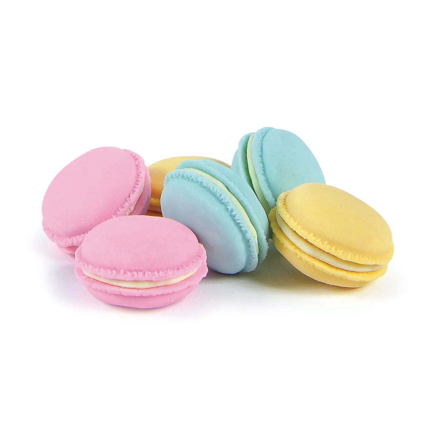 six pastel macaron-shaped erasers, not edible
