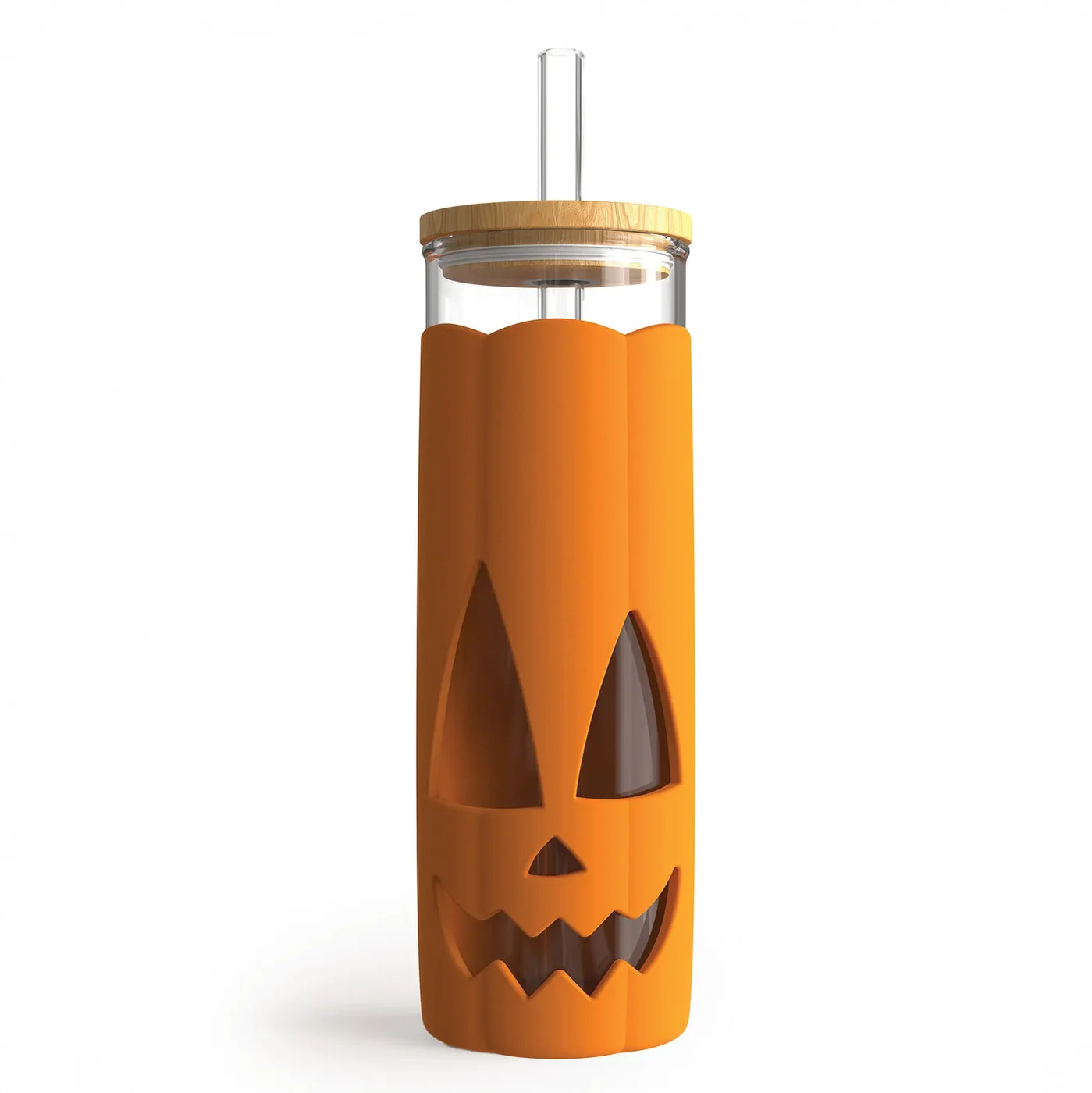 glass tumbler with orange silicone sleeve, bamboo lid and straw