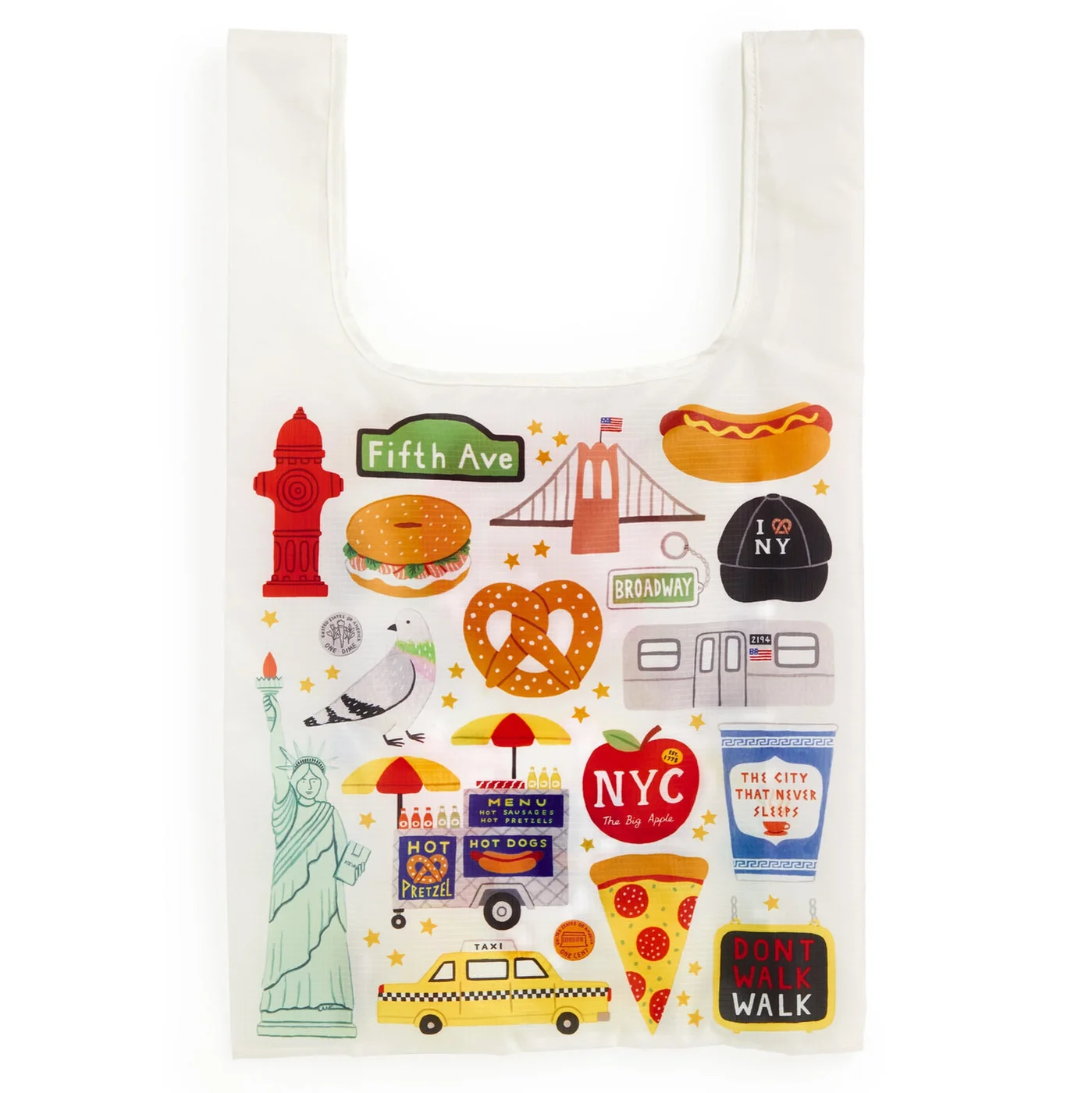 Unfolded tote with New York landmark and street-food motifs