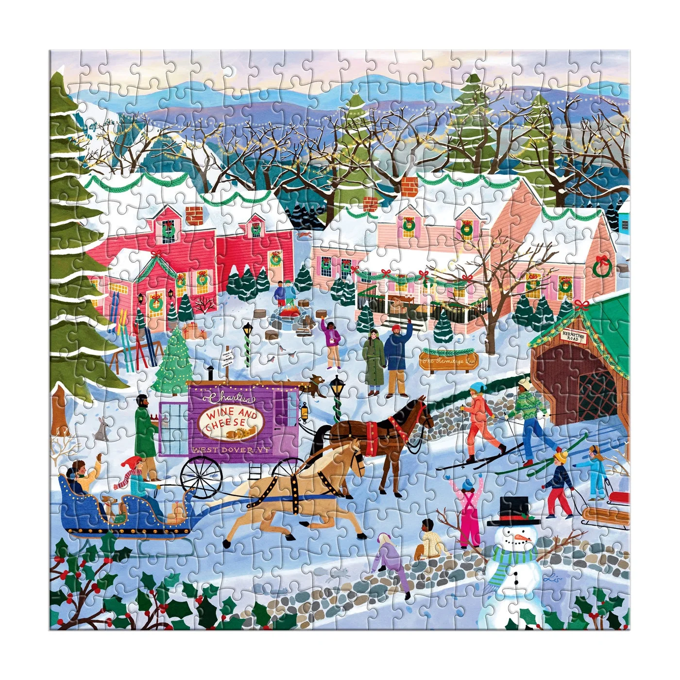 Assembled snowy town with oversized pieces
