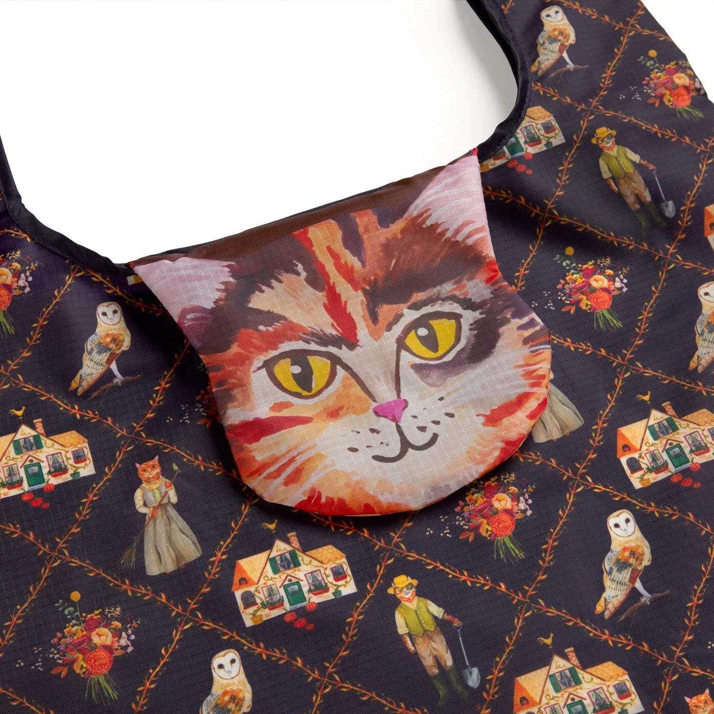 Close view of cat-face pouch and tote pattern